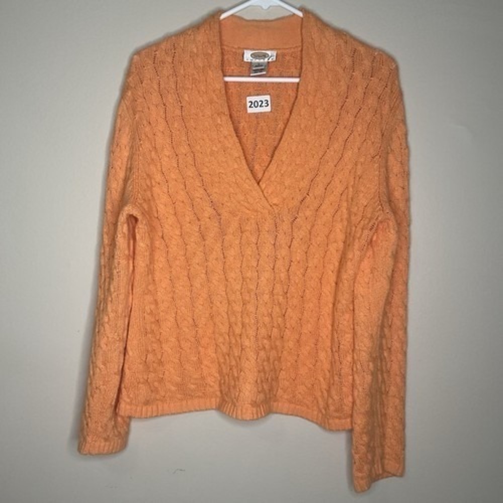 Talbots Petite Orange Cable Long‎ Sleeve V-Neck Sweater Women Large Hong Kong
